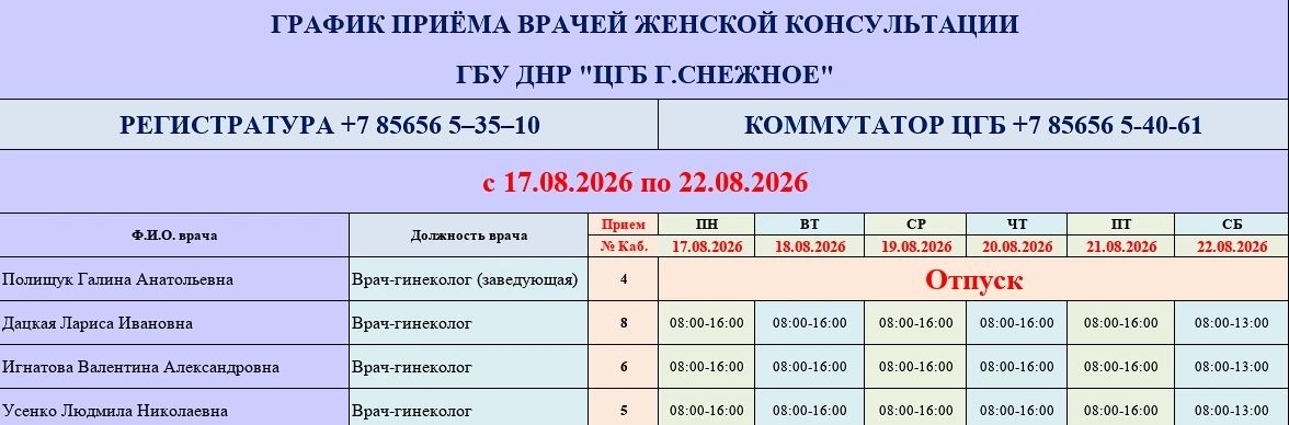 График работы врачей ГБУ ДНР «ЦГБ г. Снежное» График работы врачей ГБУ ДНР «ЦГБ г. Снежное»