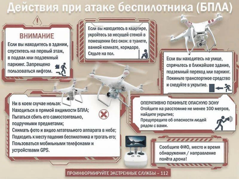 Уважаемые Дончане!. В связи с сохраняющейся угрозой атак БПЛА, Департамент гражданской защиты напоминает о мерах безопасности
