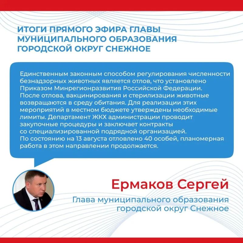 Итоги прямого эфира главы муниципального образования городской округ Снежное Сергея Ермакова Итоги прямого эфира главы муниципального образования городской округ Снежное Сергея Ермакова