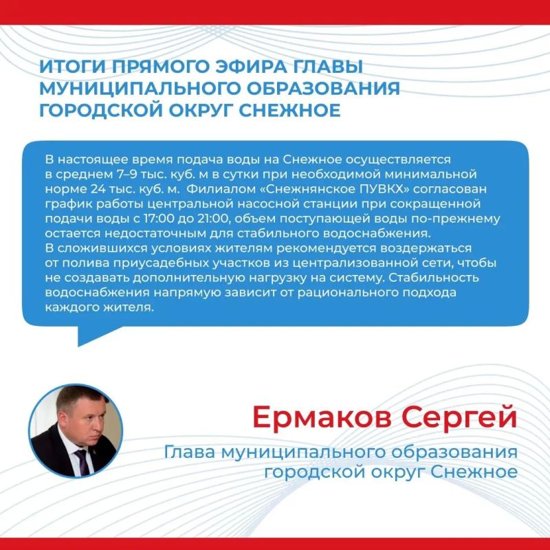 Итоги прямого эфира главы муниципального образования городской округ Снежное Сергея Ермакова
