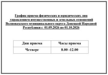 Управление имущественных и земельных отношений администрации Волновахского МО информирует о графике приема
