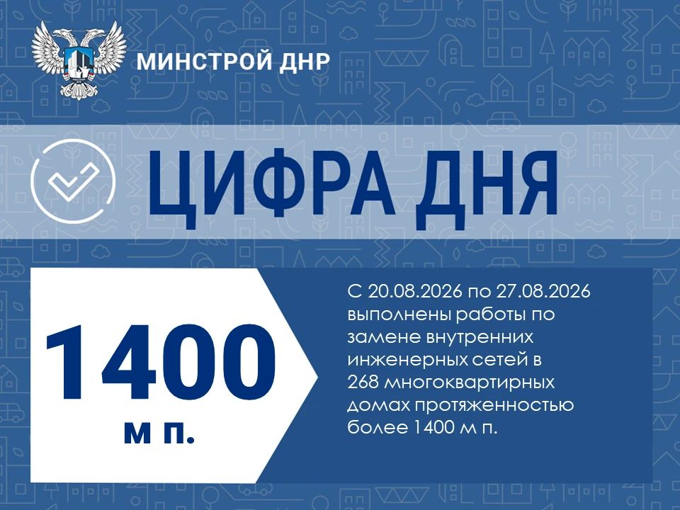 С 20.08.2026 по 27.08.2026 сотрудниками Единого регионального фонда по управлению МКД на территории ДНР выполнены работы по замене внутренних инженерных сетей в 268 многоквартирных домах общей протяженностью более 1400 м п