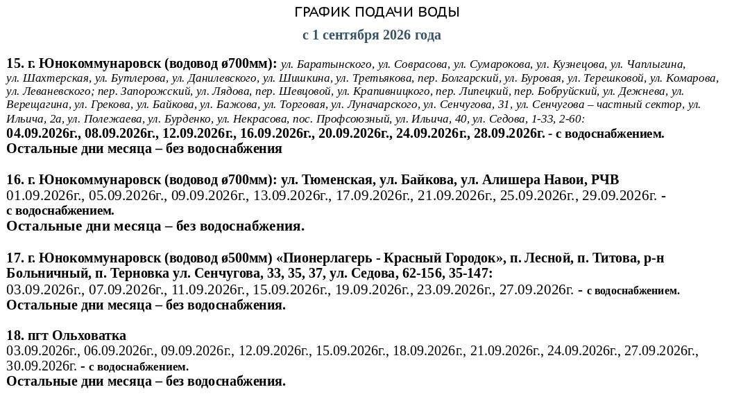Игорь Мартынов: График подачи водоснабжения на сентябрь 2026 Игорь Мартынов: График подачи водоснабжения на сентябрь 2026