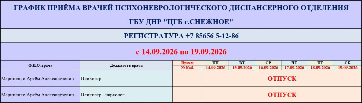 График работы врачей ГБУ ДНР «ЦГБ г. Снежное» График работы врачей ГБУ ДНР «ЦГБ г. Снежное»