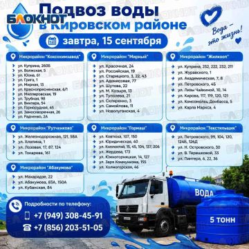 Готовим баклажки: где наполнят бочки водой в Кировском районе Донецка завтра, 15 сентября
