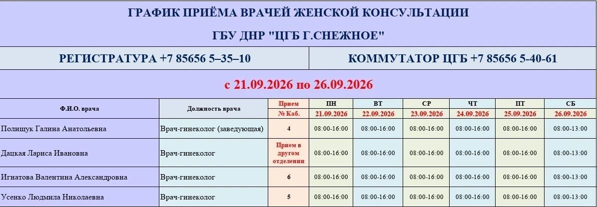 График работы врачей ГБУ ДНР «ЦГБ г. Снежное» График работы врачей ГБУ ДНР «ЦГБ г. Снежное»