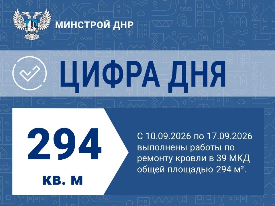С 10.09.2026 по 17.09.2026 сотрудниками Единого регионального фонда по управлению МКД на территории ДНР выполнены работы по ремонту кровли в 39 многоквартирных домах общей площадью 294 м