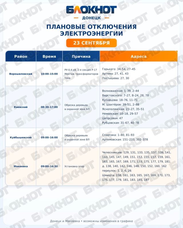 График плановых отключений электроэнергии в Донецке и Макеевке сегодня, 23 сентября