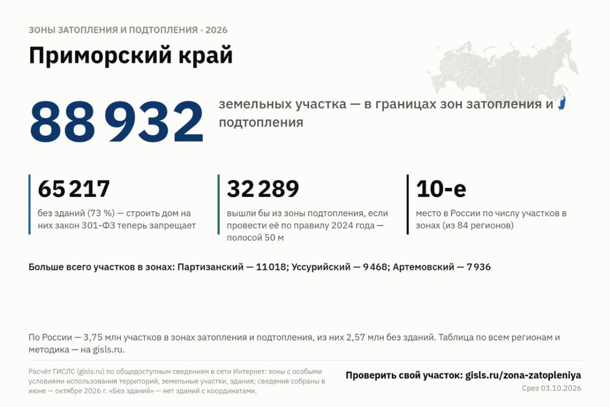 В Приморье 65 тысяч участков не смогут застроить из-за зон затопления В Приморье 65 тысяч участков не смогут застроить из-за зон затопления