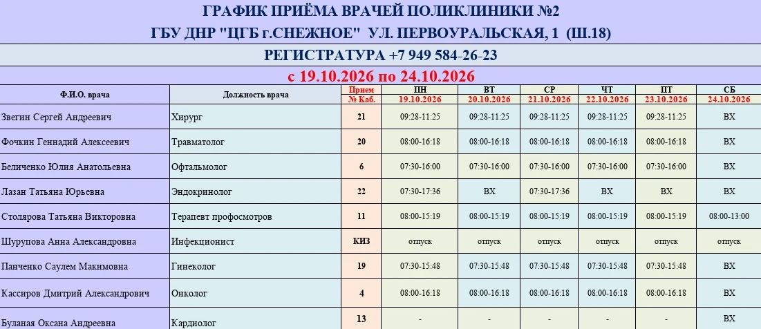 График работы врачей ГБУ ДНР «ЦГБ г. Снежное» График работы врачей ГБУ ДНР «ЦГБ г. Снежное»